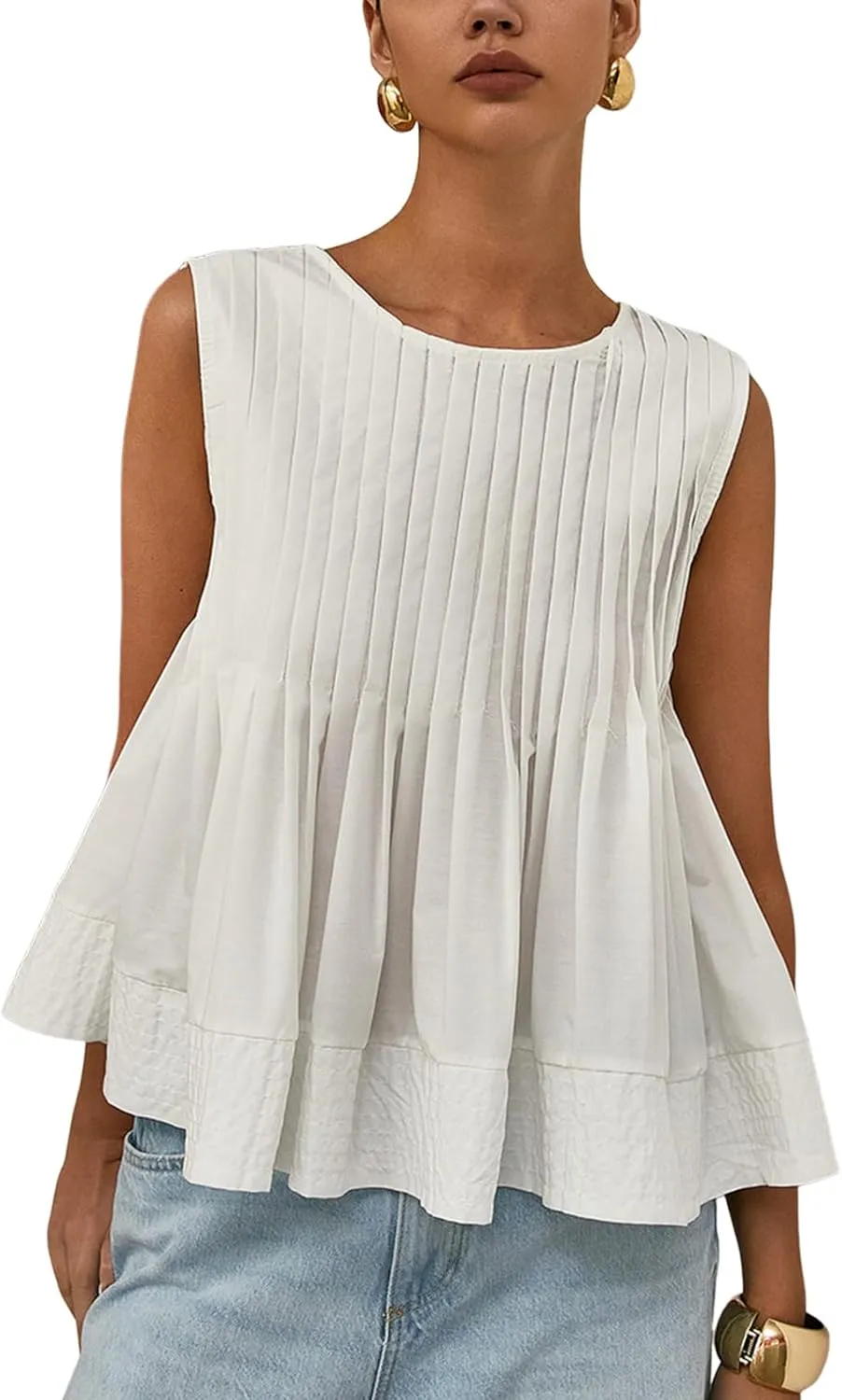 Wyeysyt Womens Pleated Peplum Tops Summer Sleeveless Ruffled Tank Tops Babydoll Blouse Casual Shirred Flowy Shirts