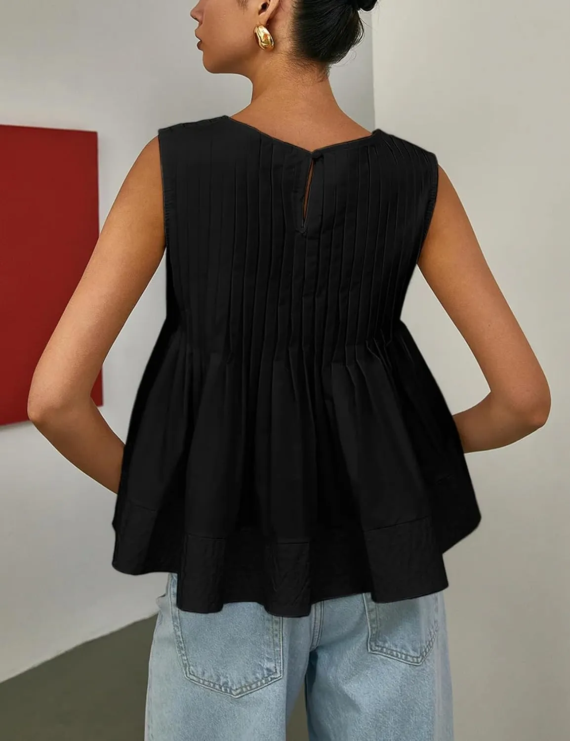 Wyeysyt Womens Pleated Peplum Tops Summer Sleeveless Ruffled Tank Tops Babydoll Blouse Casual Shirred Flowy Shirts