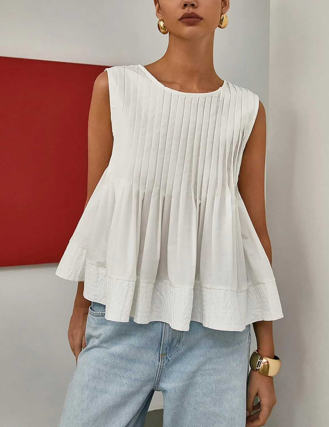Wyeysyt Womens Pleated Peplum Tops Summer Sleeveless Ruffled Tank Tops Babydoll Blouse Casual Shirred Flowy Shirts