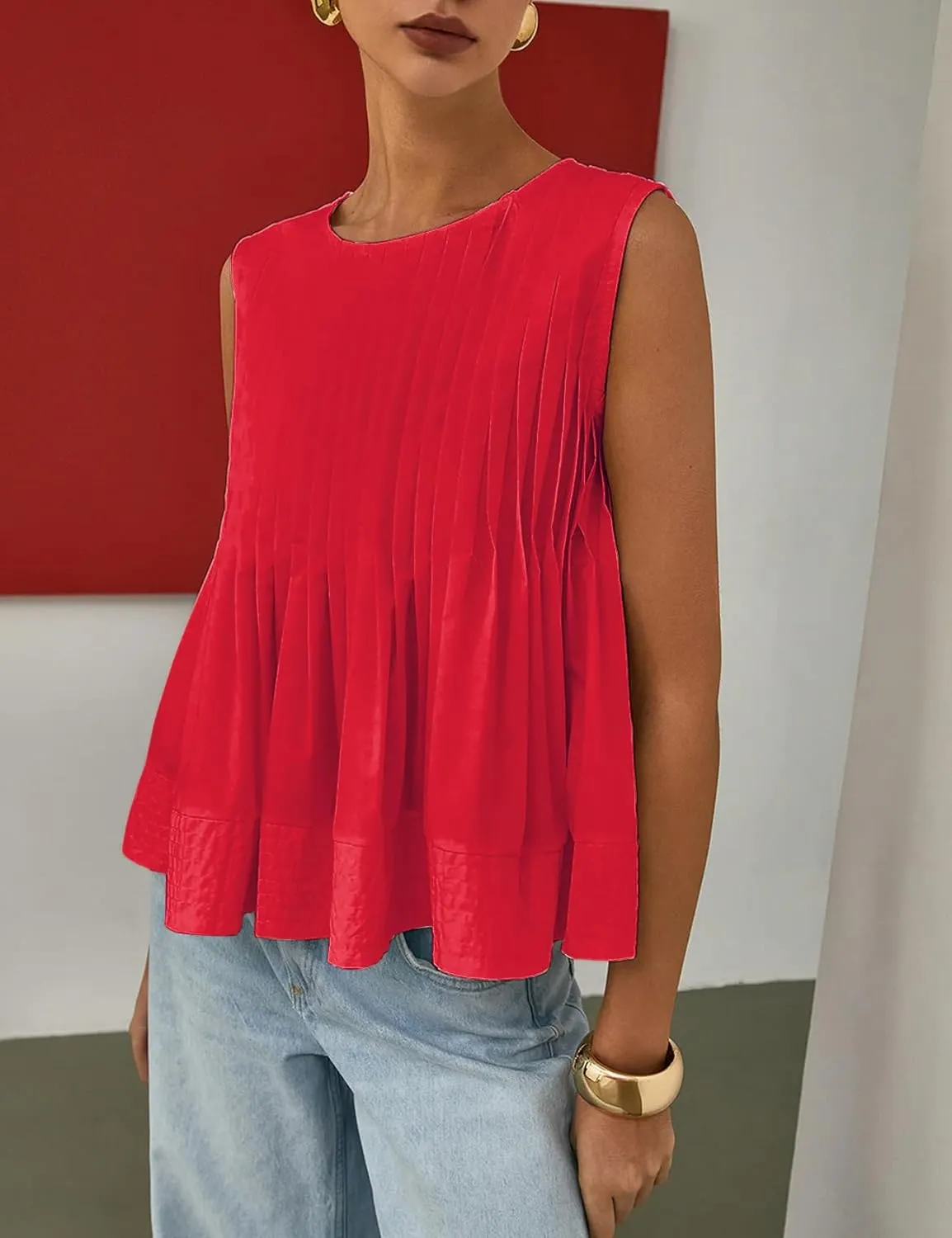 Wyeysyt Womens Pleated Peplum Tops Summer Sleeveless Ruffled Tank Tops Babydoll Blouse Casual Shirred Flowy Shirts
