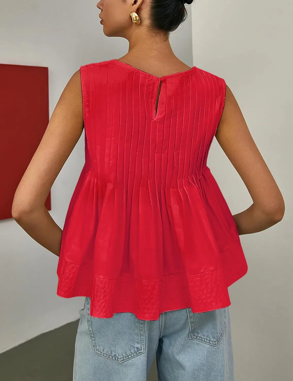Wyeysyt Womens Pleated Peplum Tops Summer Sleeveless Ruffled Tank Tops Babydoll Blouse Casual Shirred Flowy Shirts