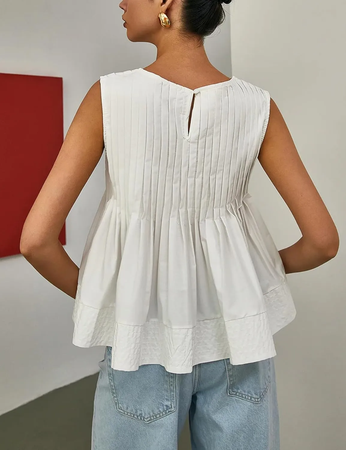 Wyeysyt Womens Pleated Peplum Tops Summer Sleeveless Ruffled Tank Tops Babydoll Blouse Casual Shirred Flowy Shirts
