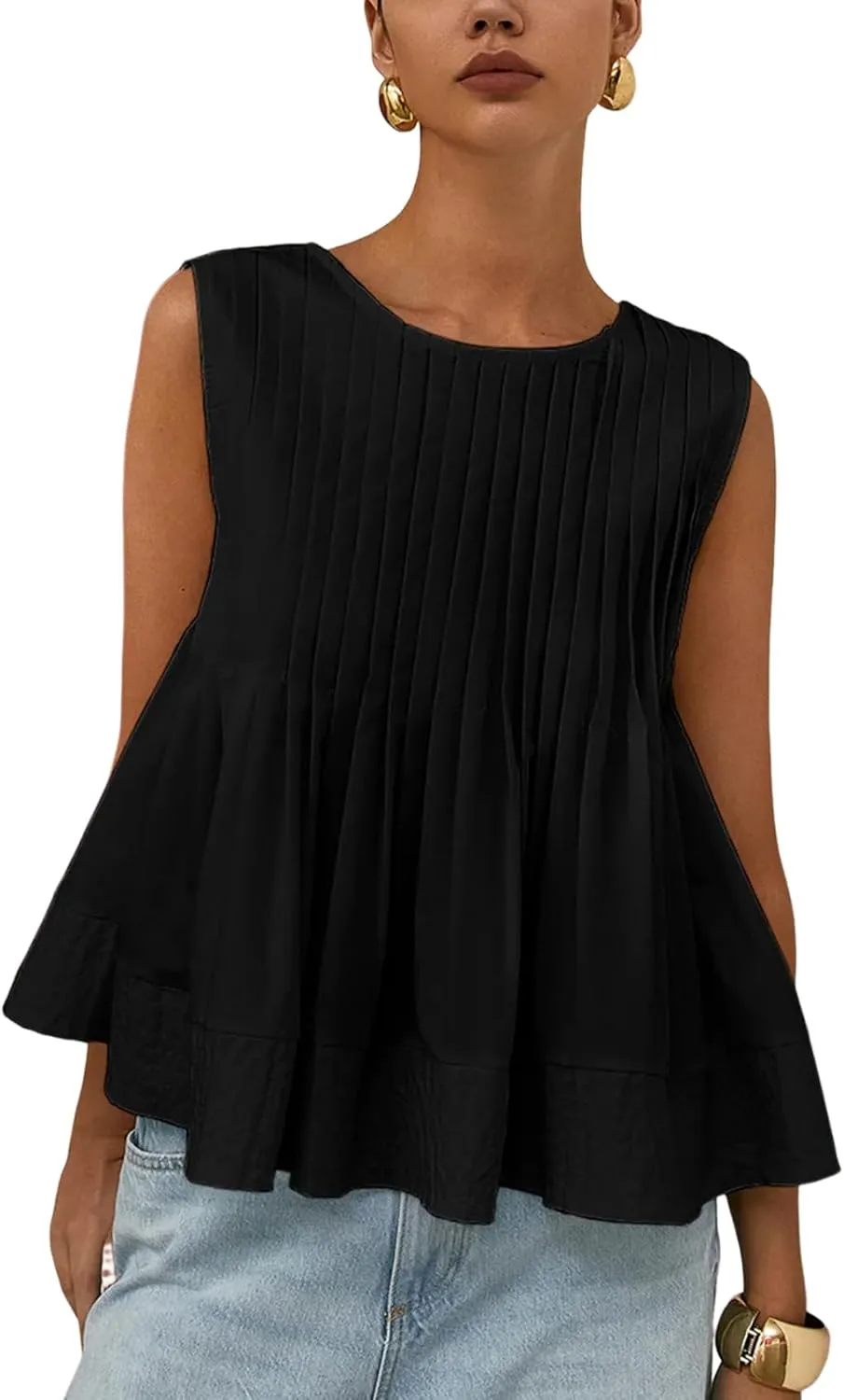 Wyeysyt Womens Pleated Peplum Tops Summer Sleeveless Ruffled Tank Tops Babydoll Blouse Casual Shirred Flowy Shirts