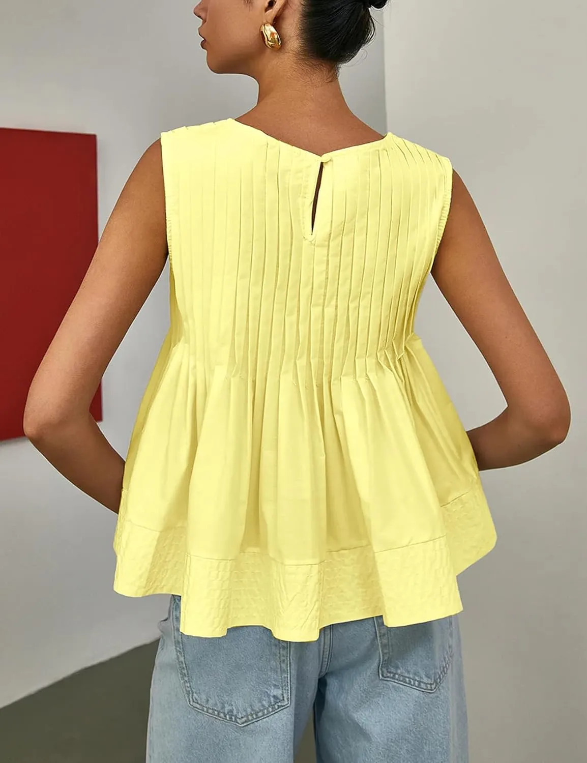 Wyeysyt Womens Pleated Peplum Tops Summer Sleeveless Ruffled Tank Tops Babydoll Blouse Casual Shirred Flowy Shirts