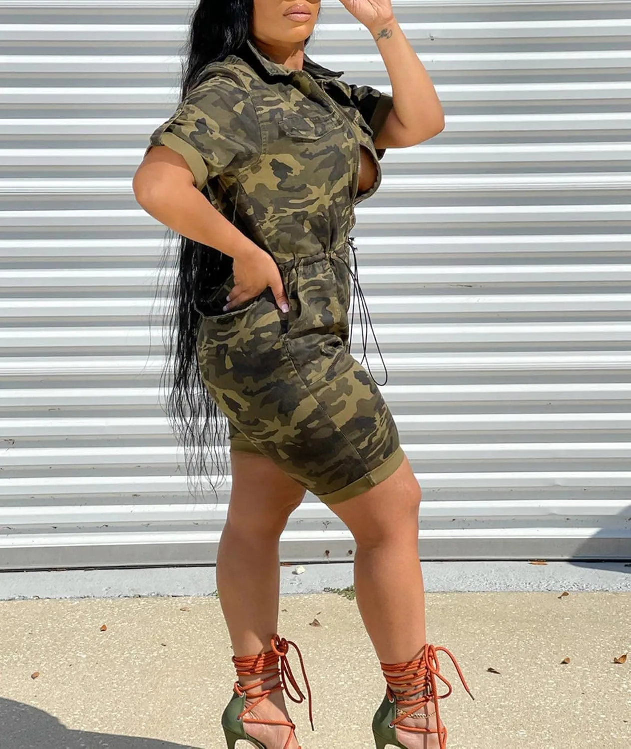 xxxiticat Women's Short Sleeve Military Playsuits High Waist Camo Button Down Rompers Camouflage One Piece Jumpsuit