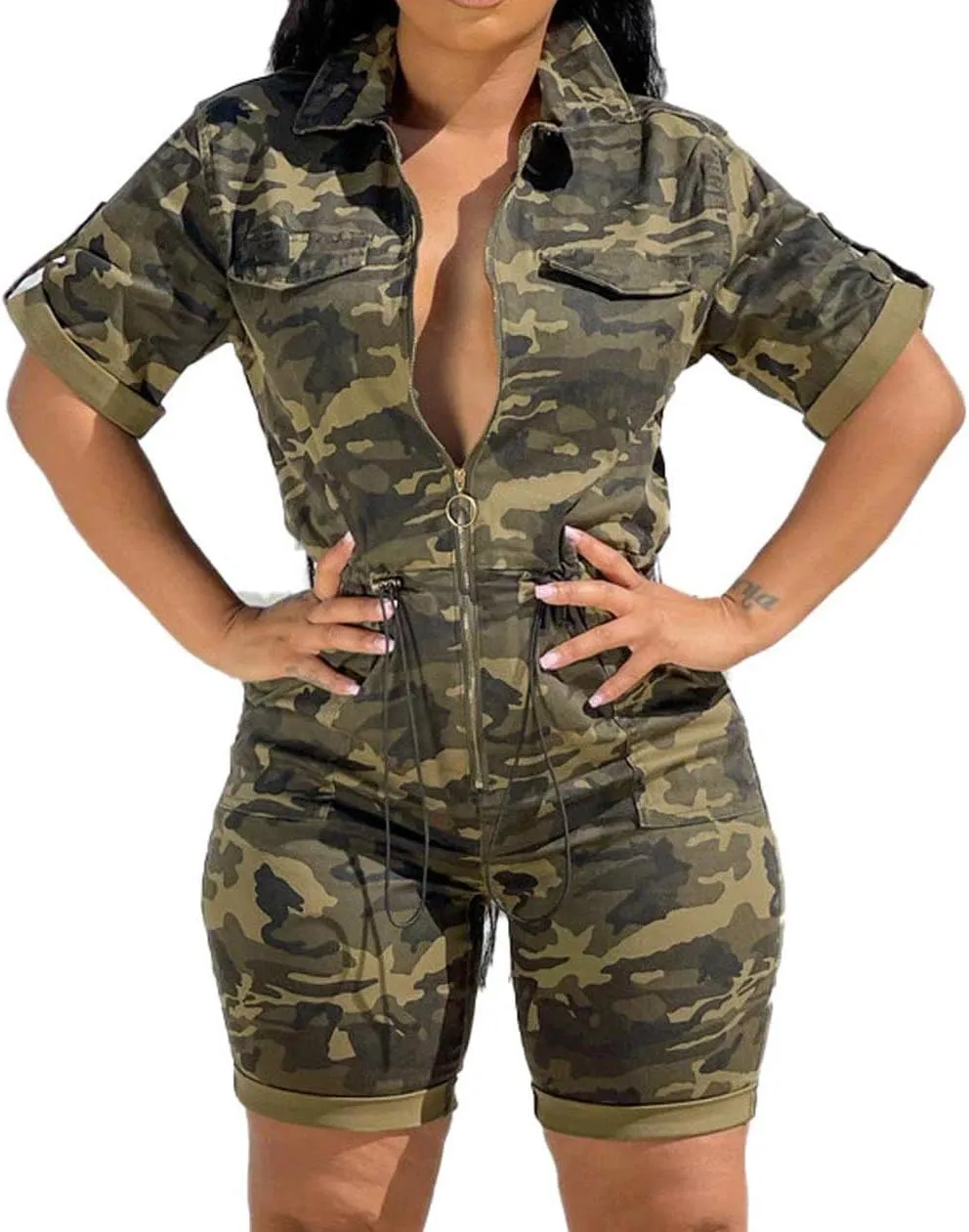 xxxiticat Women's Short Sleeve Military Playsuits High Waist Camo Button Down Rompers Camouflage One Piece Jumpsuit