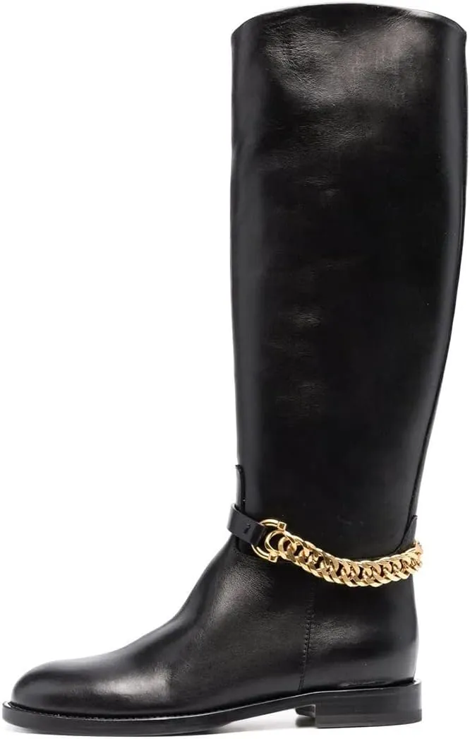 XYD Women's Winter Round Toe with Gold Chain Wide Calf Knee High Comfortable Chunky Heel Side Zippers Boots Soft Outdoor Riding Climbing Fashion Shoes