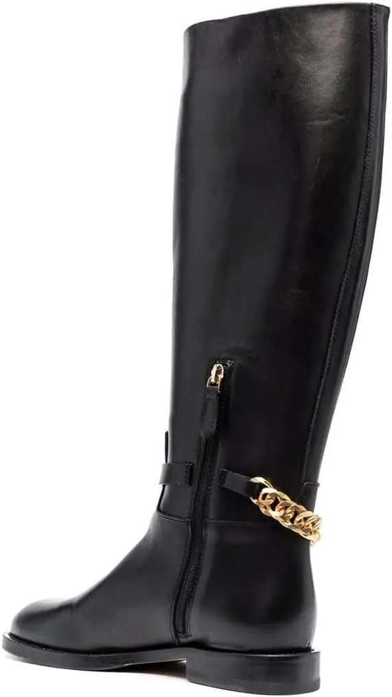 XYD Women's Winter Round Toe with Gold Chain Wide Calf Knee High Comfortable Chunky Heel Side Zippers Boots Soft Outdoor Riding Climbing Fashion Shoes
