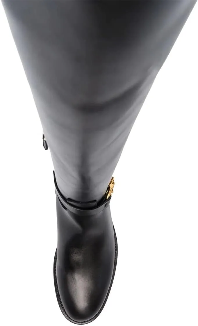 XYD Women's Winter Round Toe with Gold Chain Wide Calf Knee High Comfortable Chunky Heel Side Zippers Boots Soft Outdoor Riding Climbing Fashion Shoes