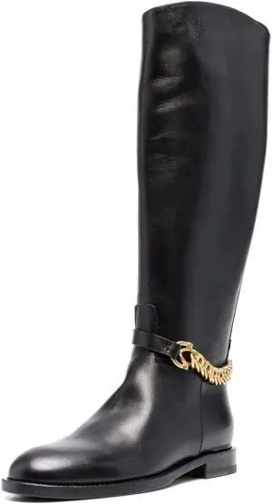 XYD Women's Winter Round Toe with Gold Chain Wide Calf Knee High Comfortable Chunky Heel Side Zippers Boots Soft Outdoor Riding Climbing Fashion Shoes