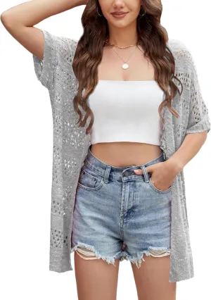 Yekaty Womens Lightweight Crochet Short Sleeve Cardigans Open Front Summer Sweaters Casual Boho Kimonos Cover Up