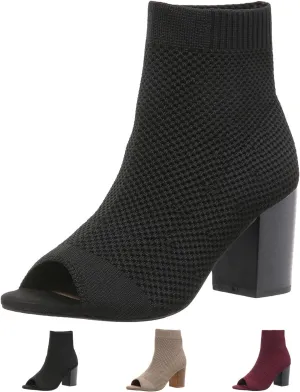 Zeberfi Women's Knit Peep Toe Chunky Block Heel Ankle Boots Fashion Open Pointed Toe Breathable Heeled Sandals Summer Casual Slip On Dress Sock Booties