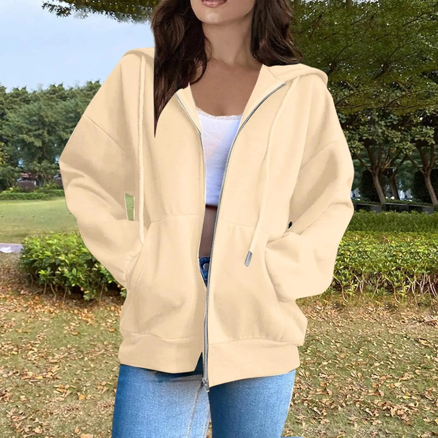 Zip Up Jackets for Women Cozy Fleece Oversized Hoodie Causal Loose Fit Hooded Sweatshirt with Pockets Preppy Clothes