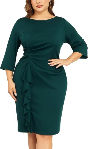 ZOMVA Plus Size 1X-4X Women's Bodycon 3/4 Sleeve Ruffle Midi Dress Vintage Crew Neck Pencil Dress Work Cocktail Formal
