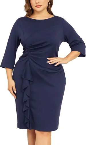 ZOMVA Plus Size 1X-4X Women's Bodycon 3/4 Sleeve Ruffle Midi Dress Vintage Crew Neck Pencil Dress Work Cocktail Formal