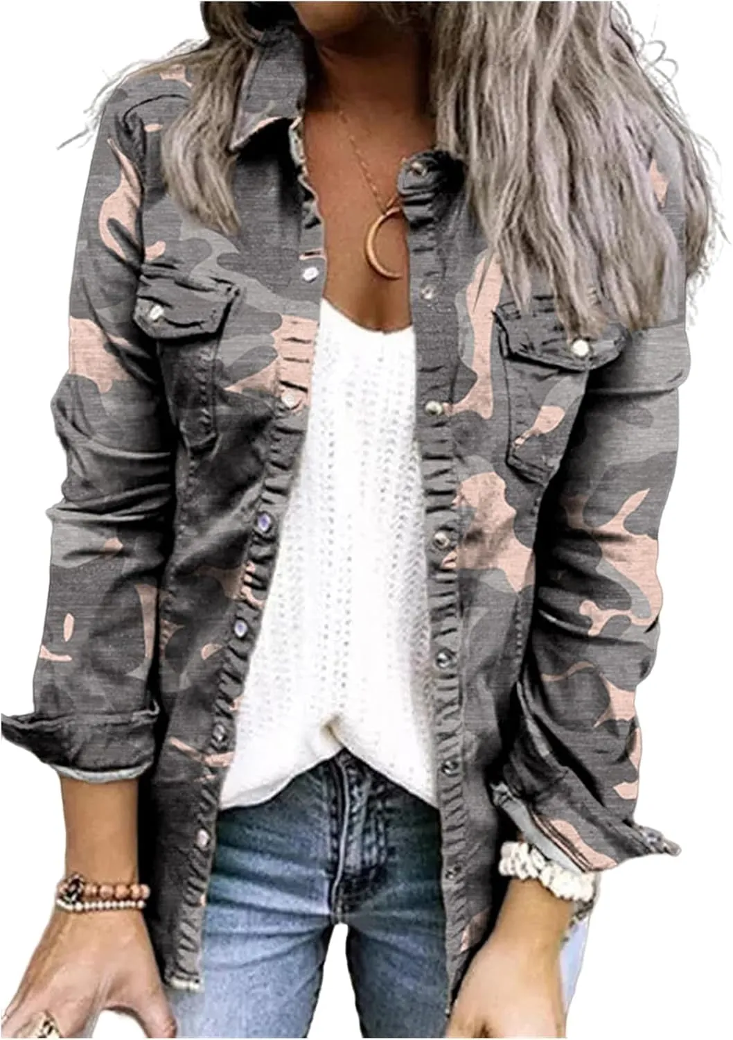 ZWRXW Womens Denim Shirt Slim-fit Collared Button Down Casual Fashion Long Sleeve Jean Jacket Tops with Pockets